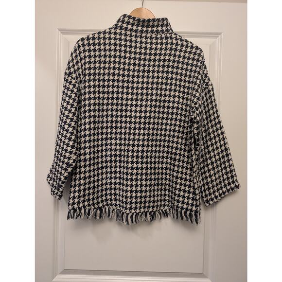 Zara Mock Neck Houndstooth Fringe Hem Pullover Sweater‎ Size Small Cream Navy - Picture 5 of 5